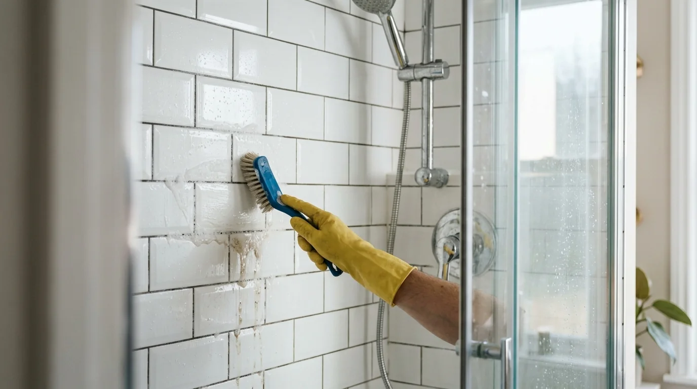 Scrubbing shower grout during a bathroom deep clean