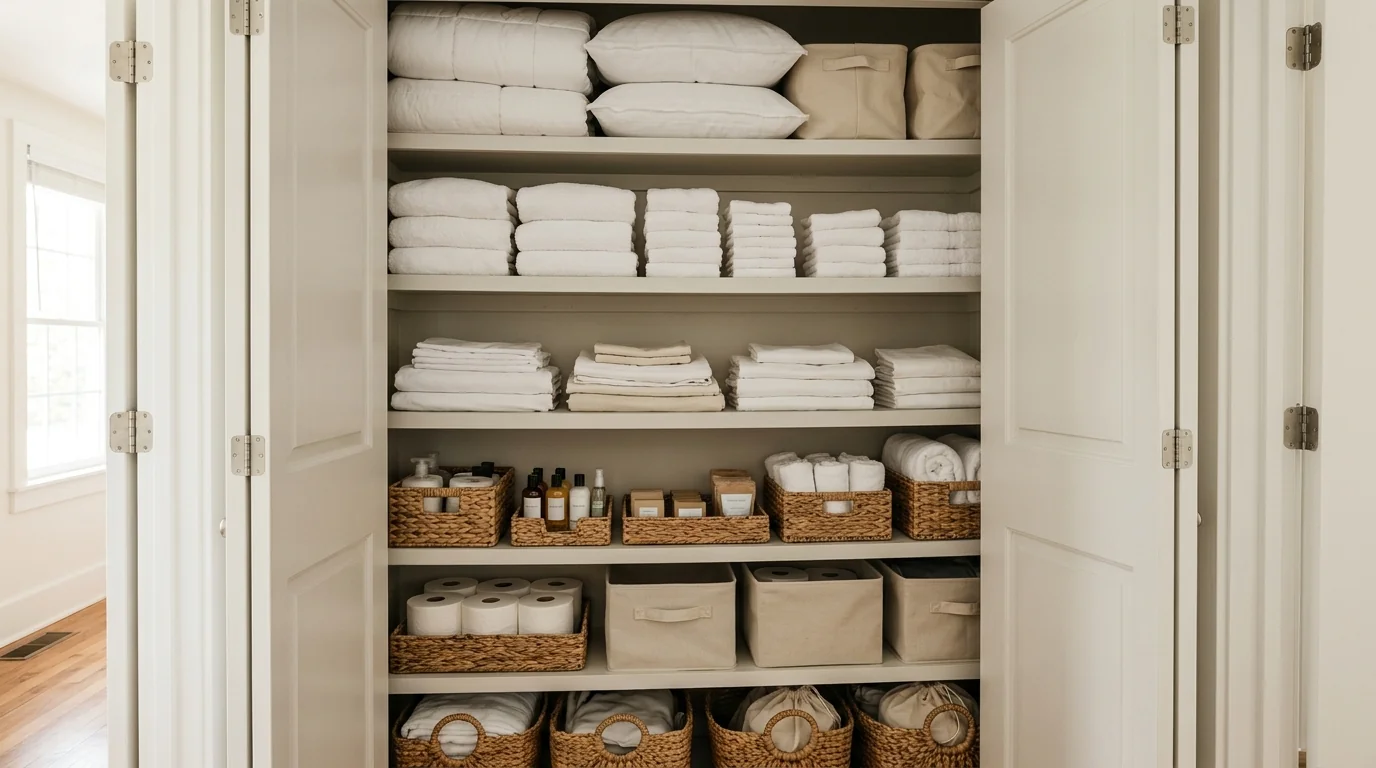 Restocked linen closet in a vacation rental