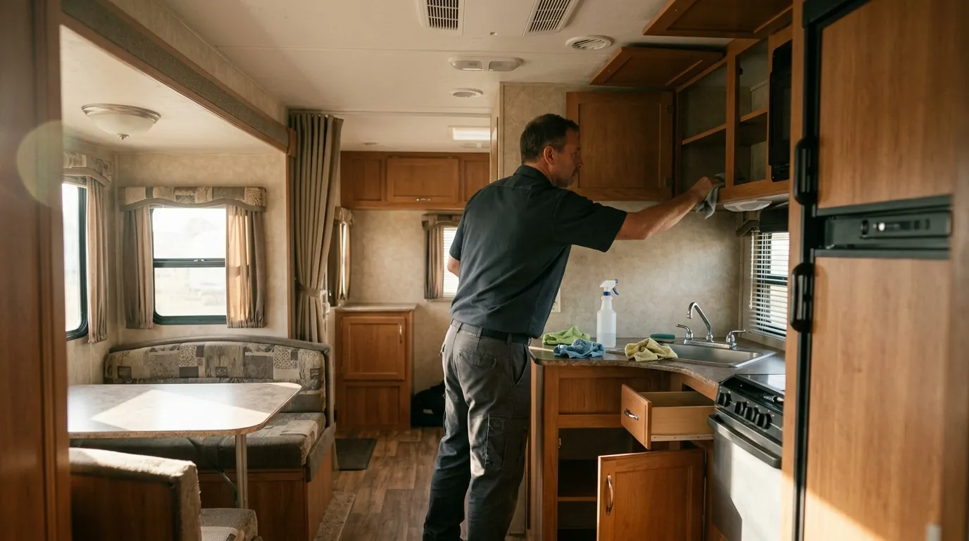 Cleaning cabinets inside a camper after winter storage