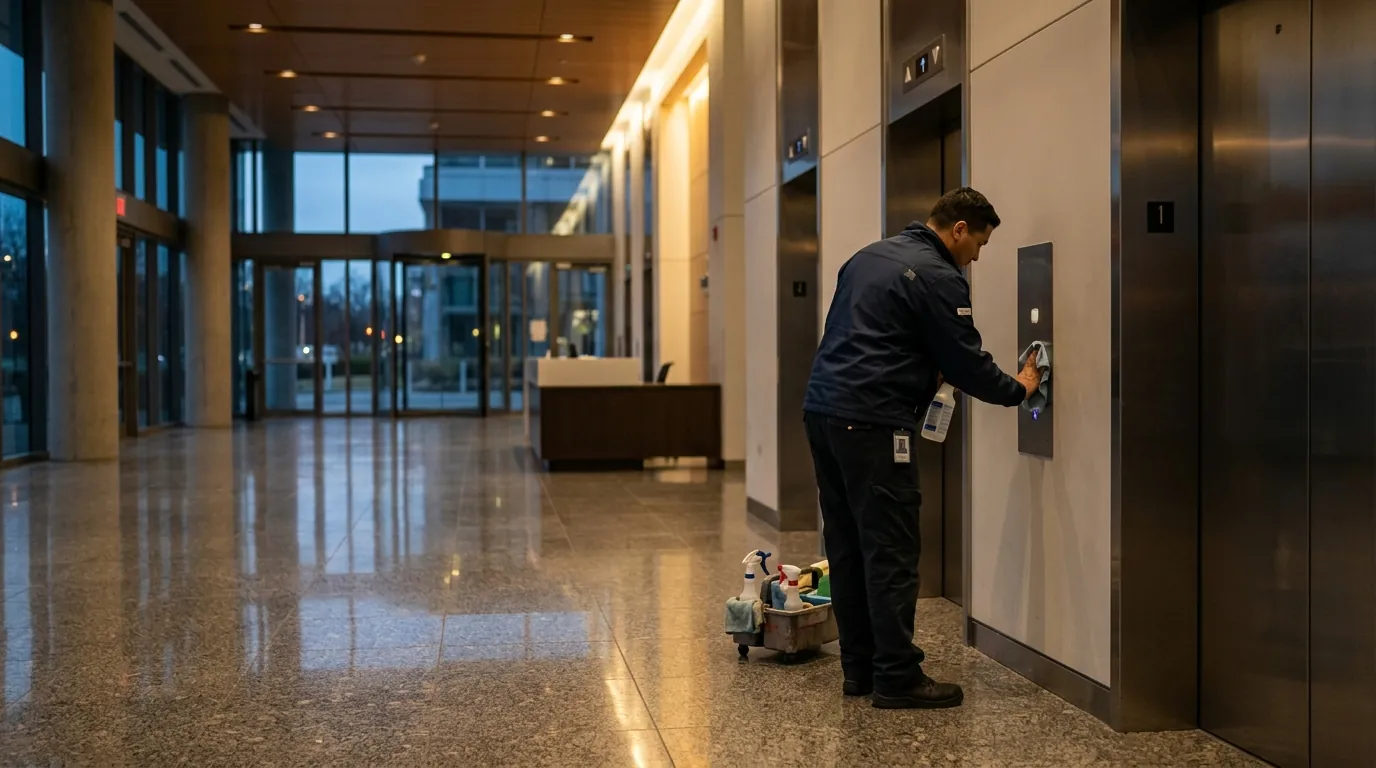 Disinfecting elevator buttons and a door push plate in an office lobby
