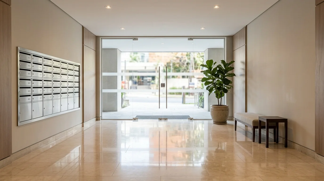 Apartment building lobby with mailboxes after cleaning