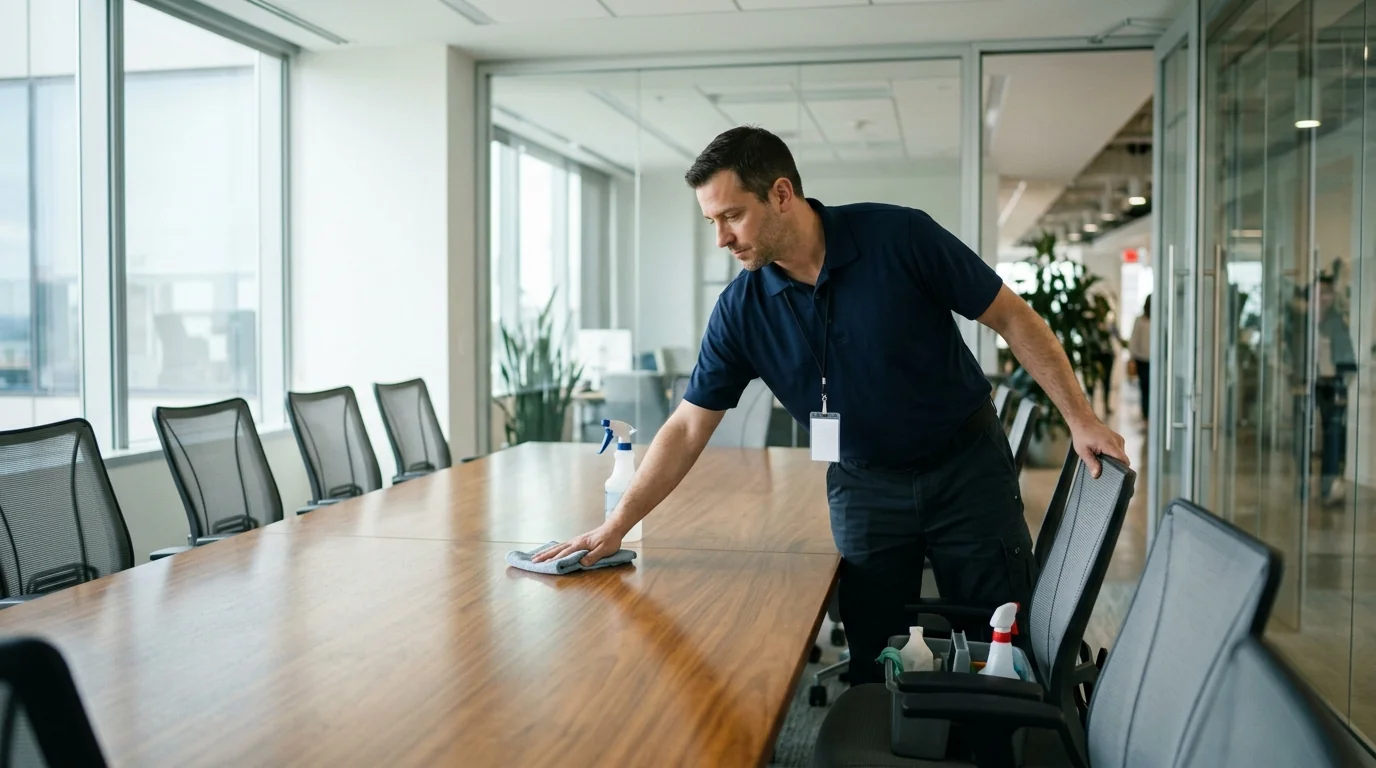 Day porter resetting a conference room