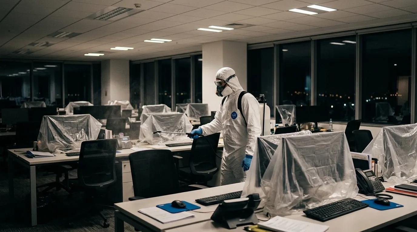 Electrostatic spraying in an office with covered monitors