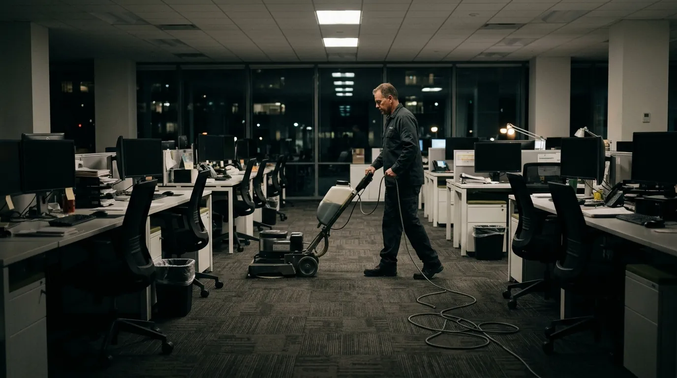 Low-moisture cleaning of office carpet at night