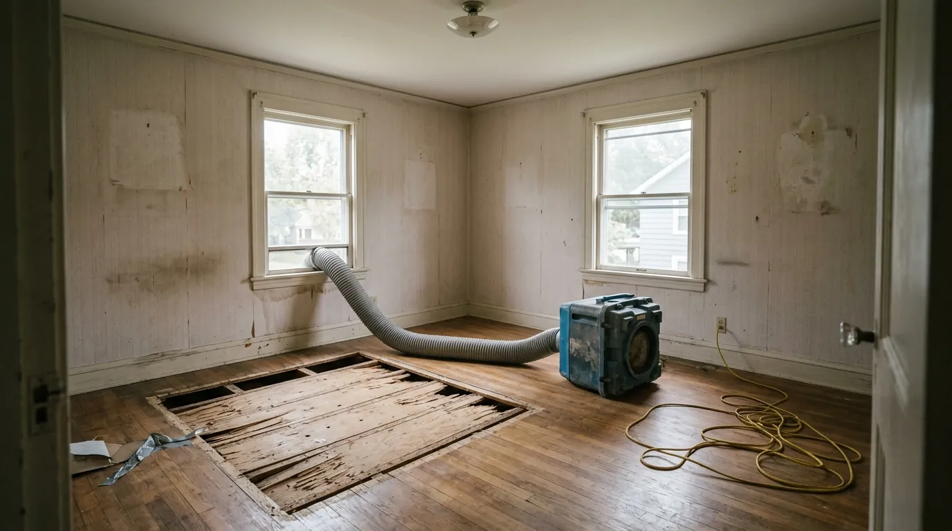 Bedroom with affected flooring removed after an unattended death