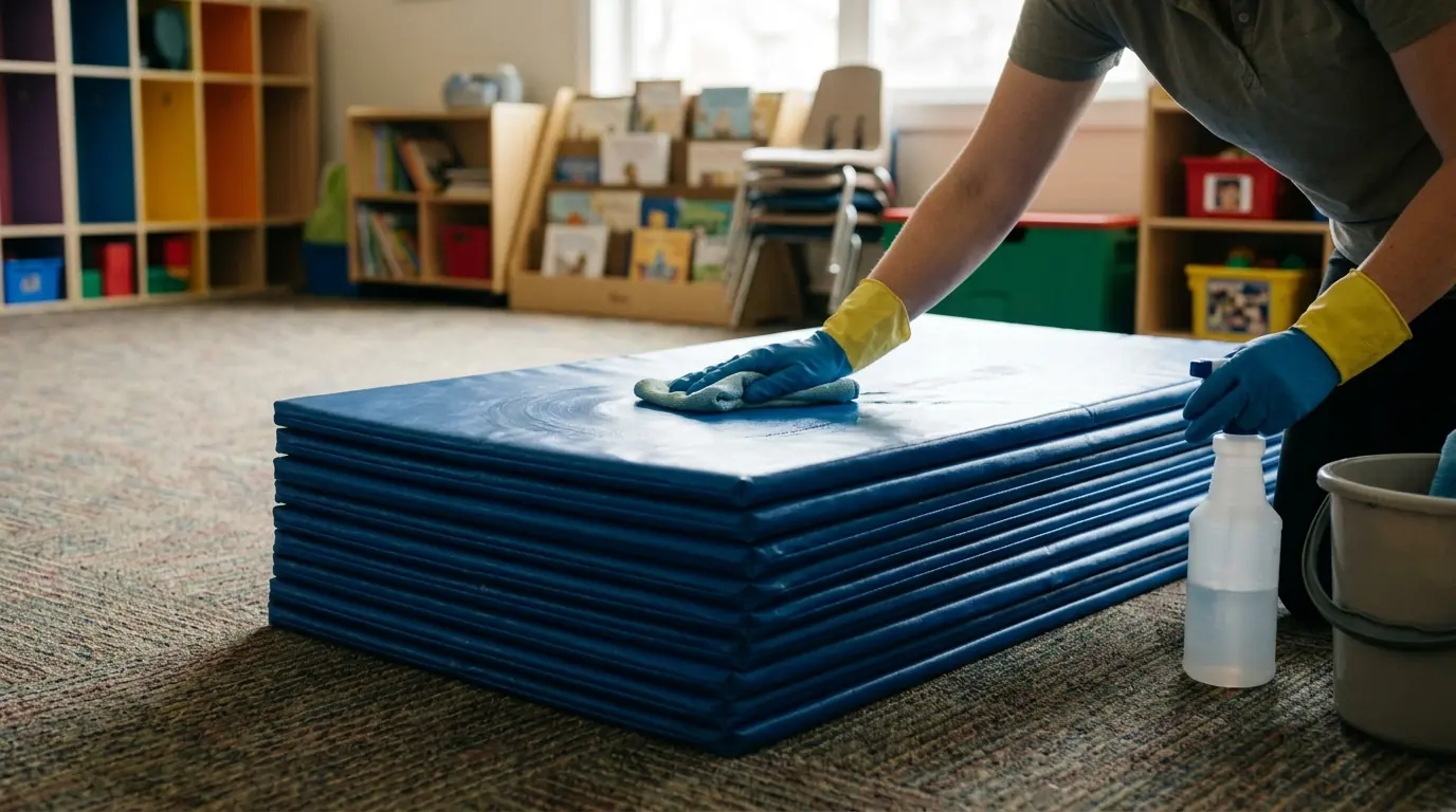 Wiping preschool nap mats on both sides