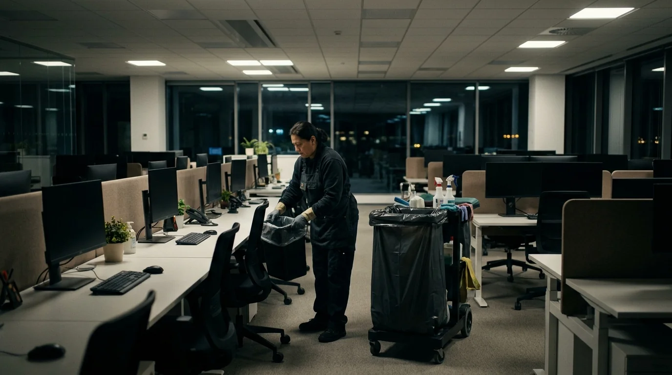 Emptying trash during a nightly office cleaning