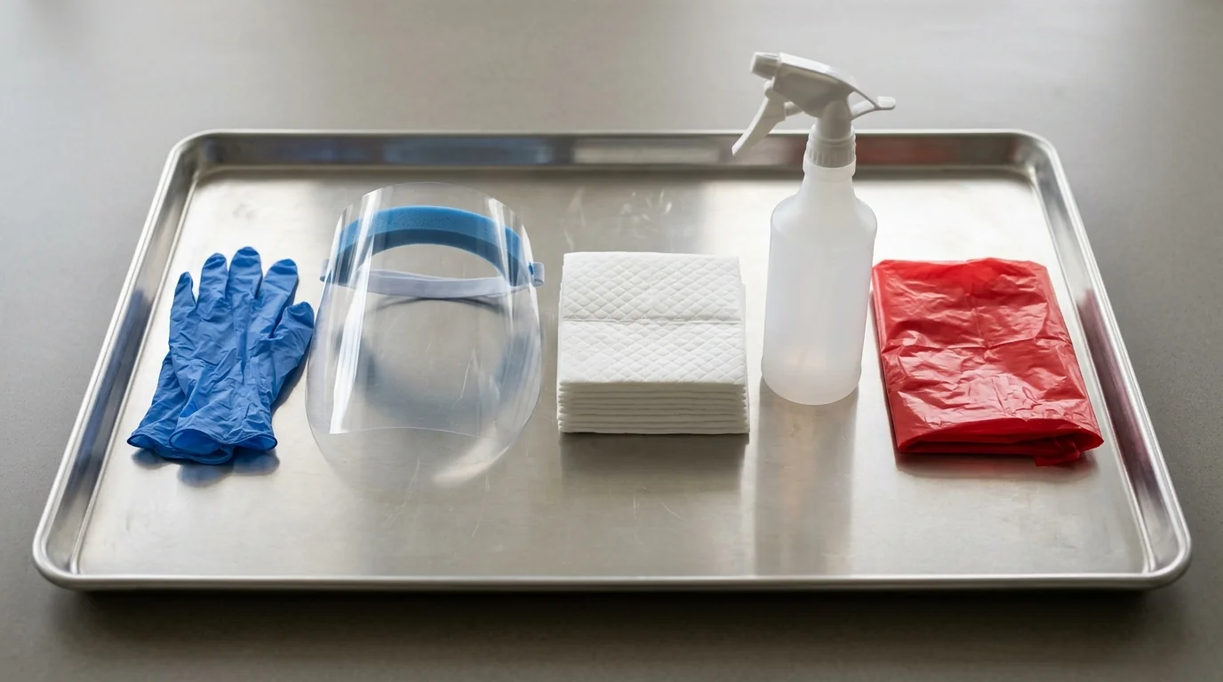 Protective gear and disinfectant laid out for a blood cleanup