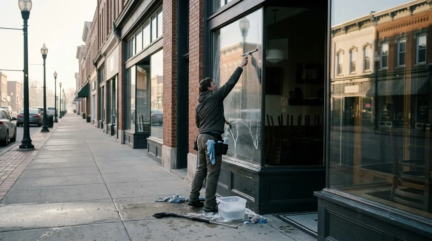Early morning storefront window cleaning