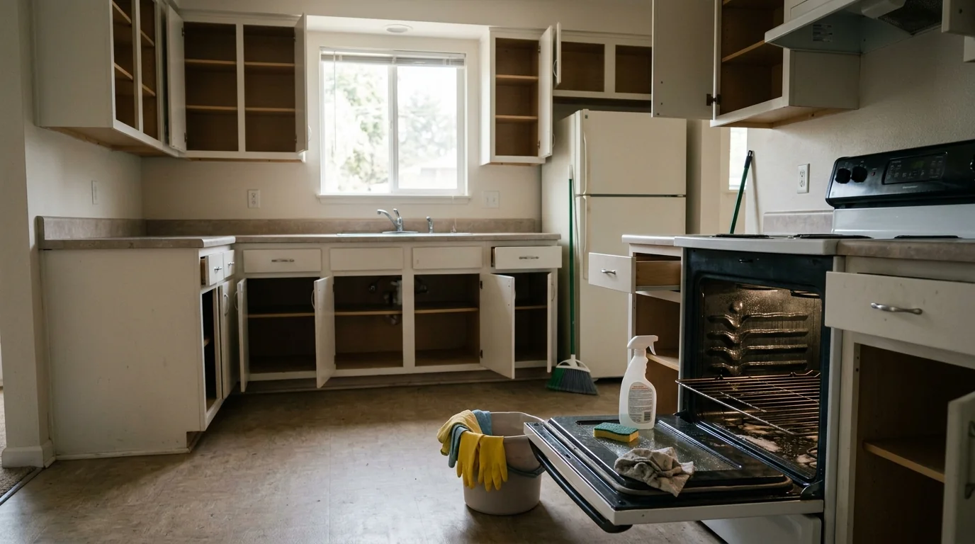 Cleaning inside an oven and cabinets in an empty kitchen