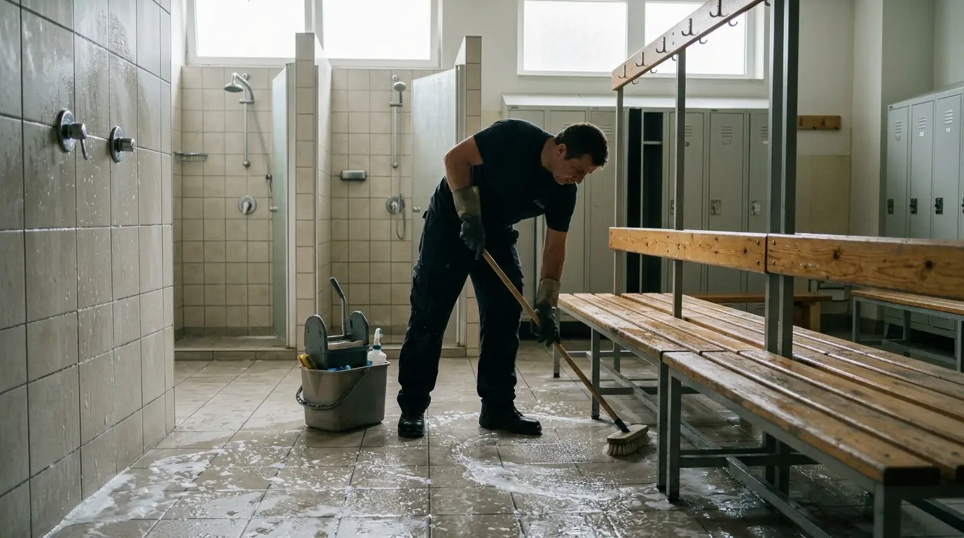 Scrubbing showers in a gym locker room