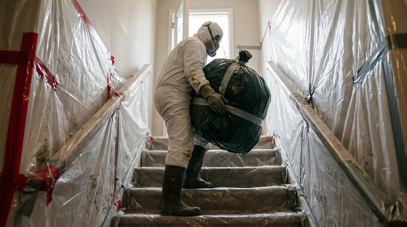 Removing contaminated carpet after a basement sewage backup