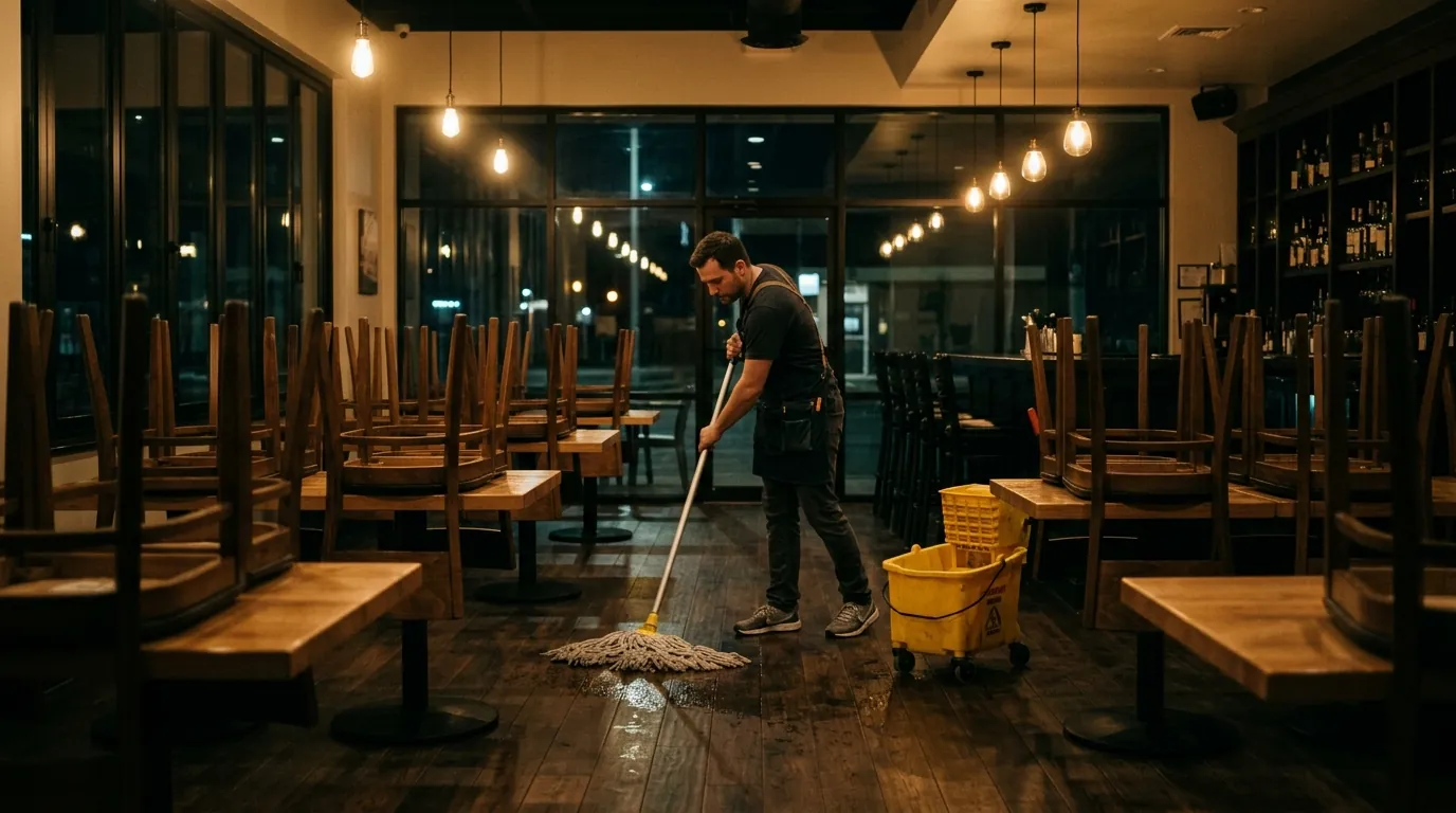 Mopping a restaurant dining room after close