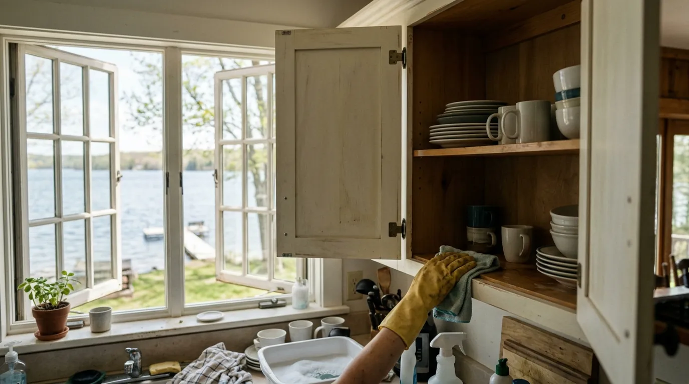 Wiping kitchen shelves while opening a lake house