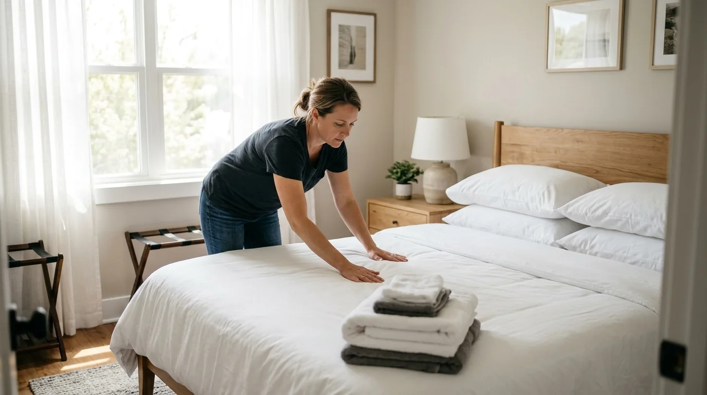 Making a bed with fresh linens during a rental turnover