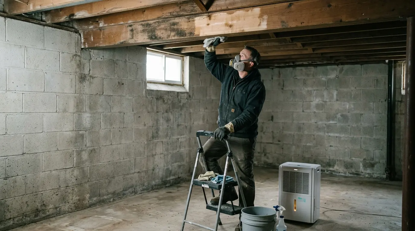 Cleaning mildew off basement joists