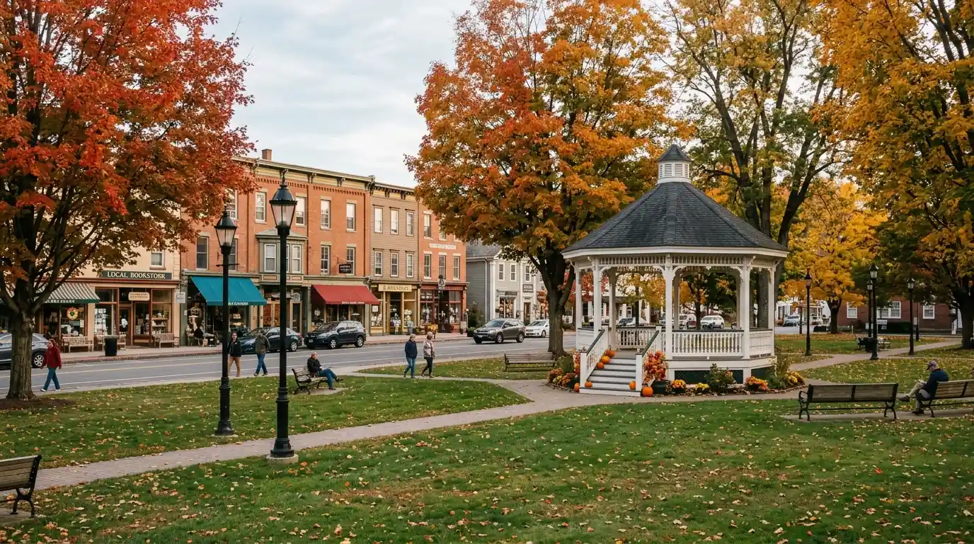 Village green and storefronts in New Milford
