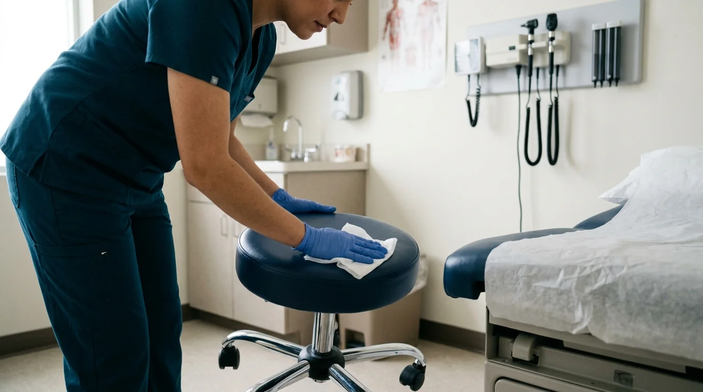 Disinfecting an exam table and stool