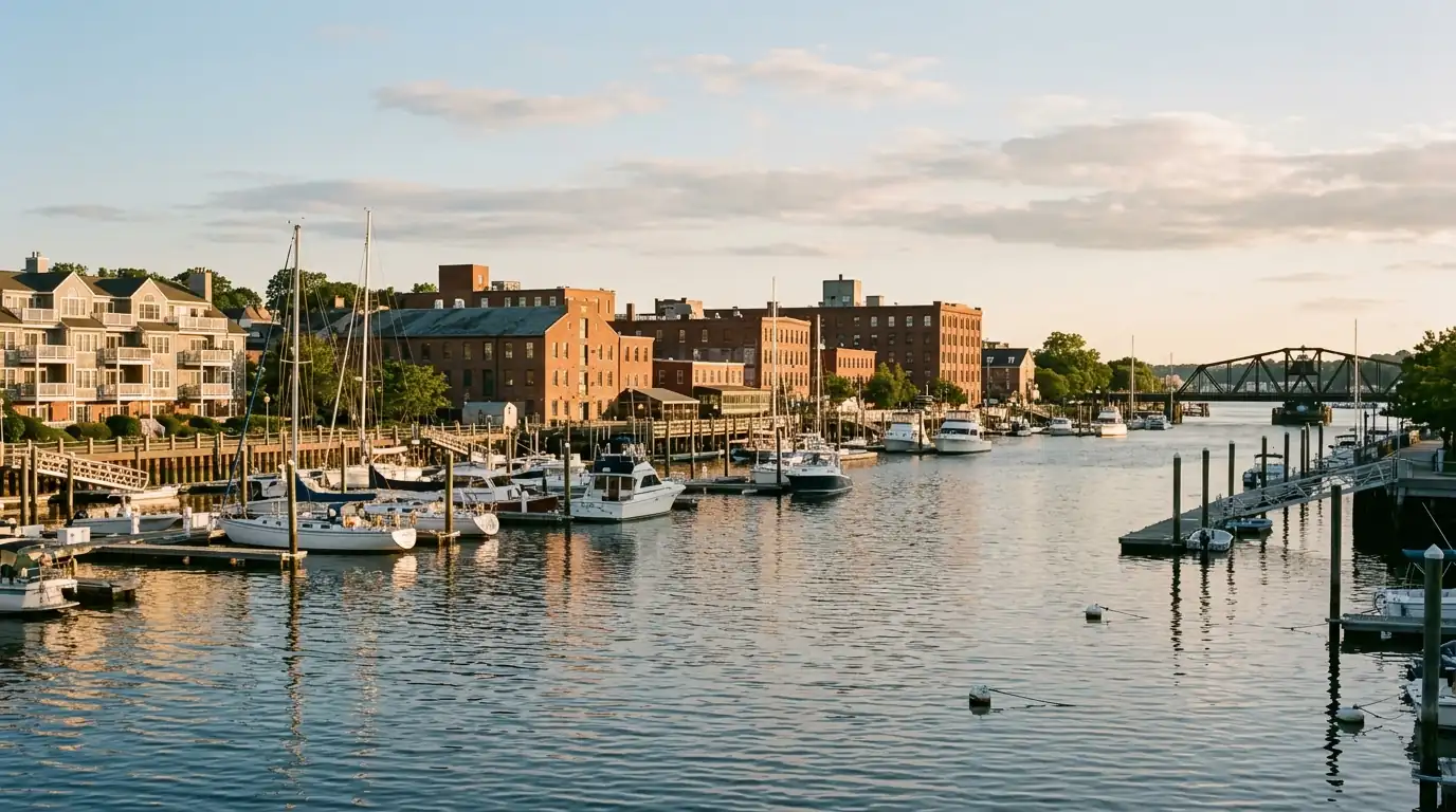 Norwalk harbor with waterfront buildings