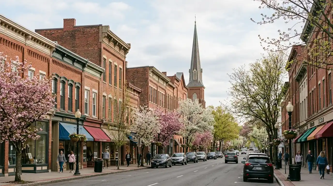 Brick commercial buildings on Main Street in Danbury