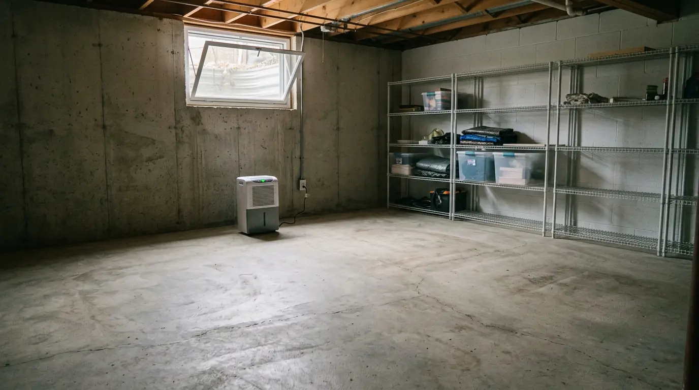 Clean, dry basement with a dehumidifier running