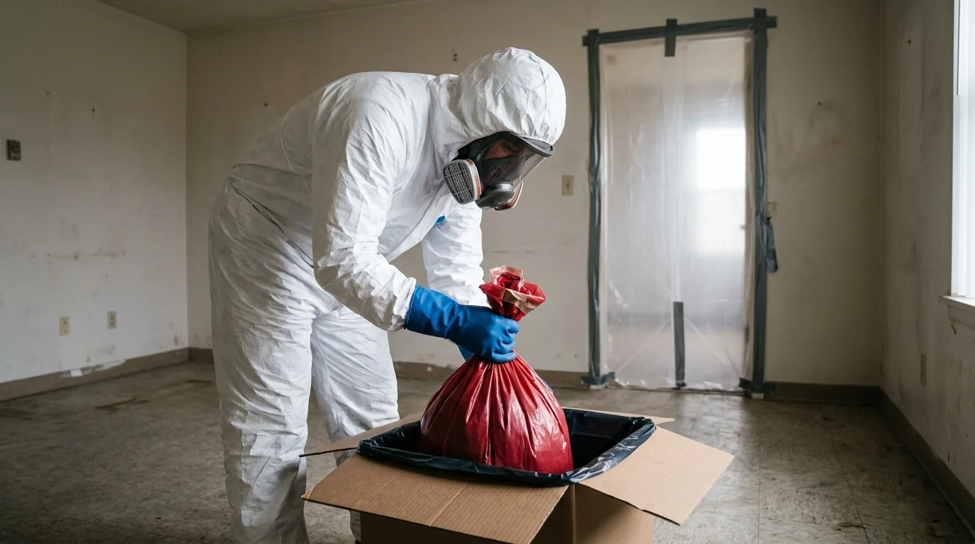 Technician packaging biohazard waste behind plastic sheeting