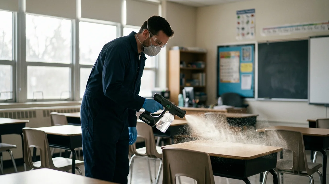 Electrostatic spraying of classroom desks and chairs