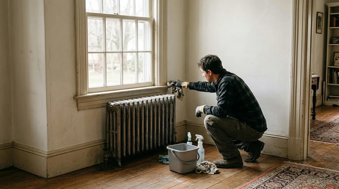 Cleaning a radiator and window trim in an older home