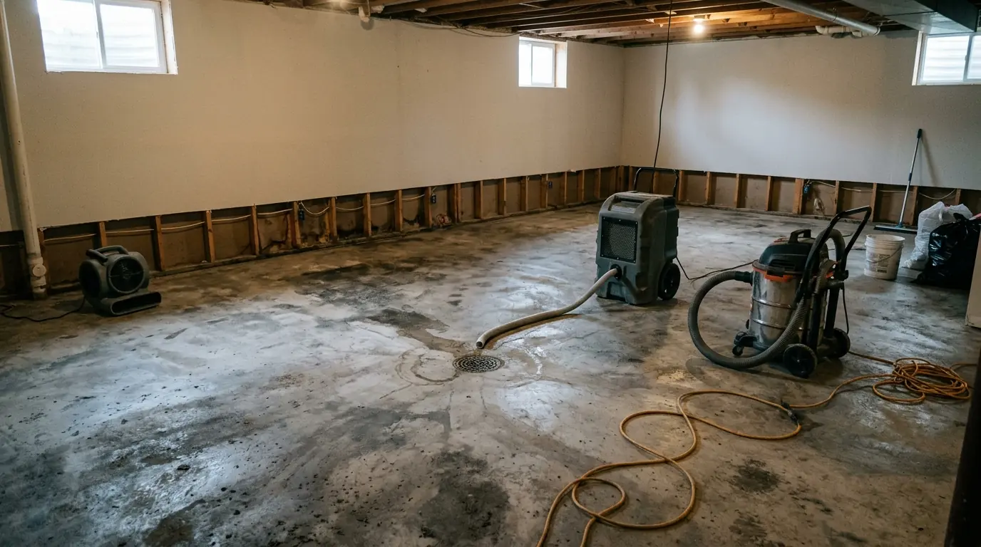 Basement floor drain area cleaned after a sewage backup