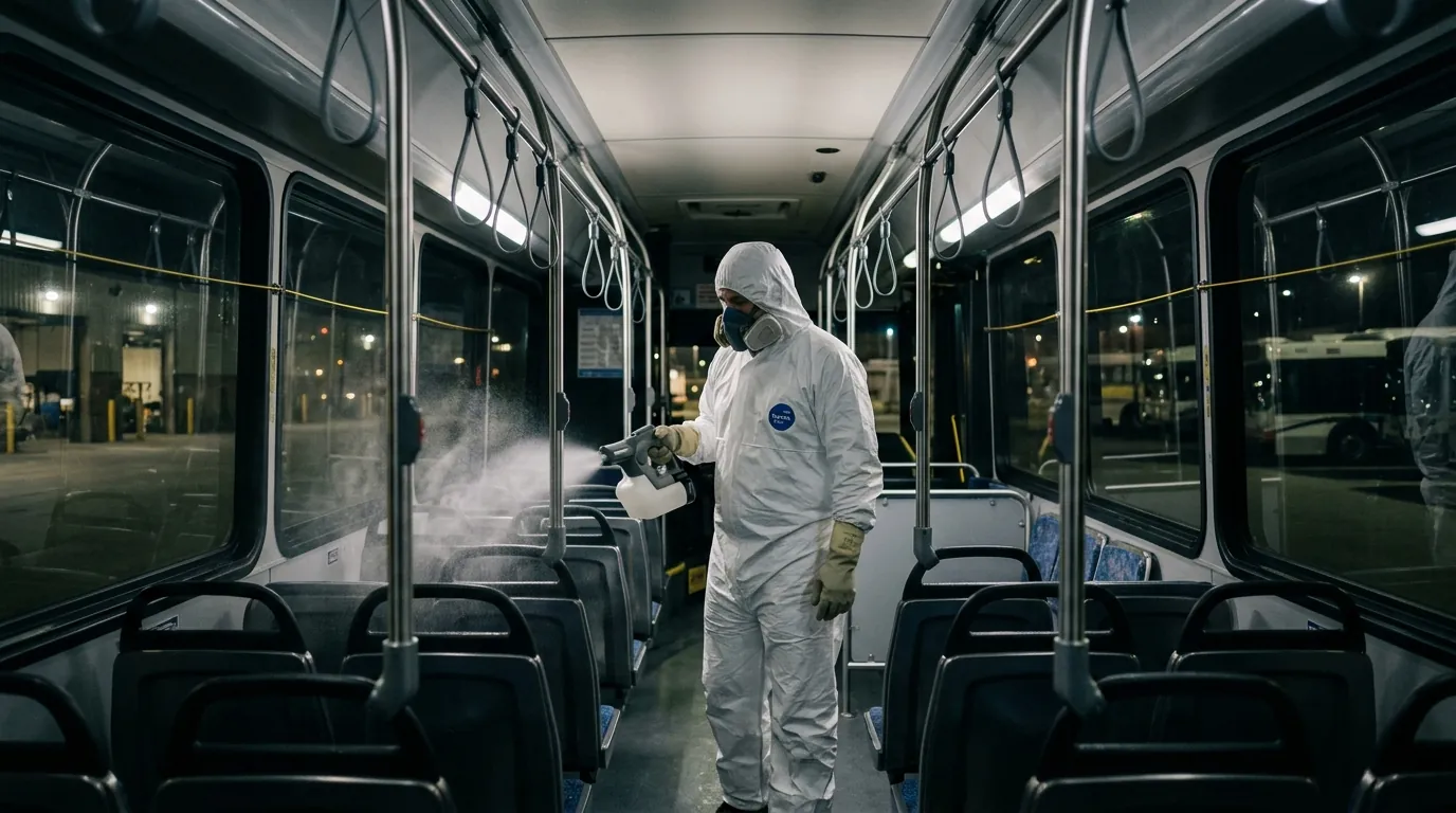 Electrostatic spraying of seats and grab rails inside a shuttle bus