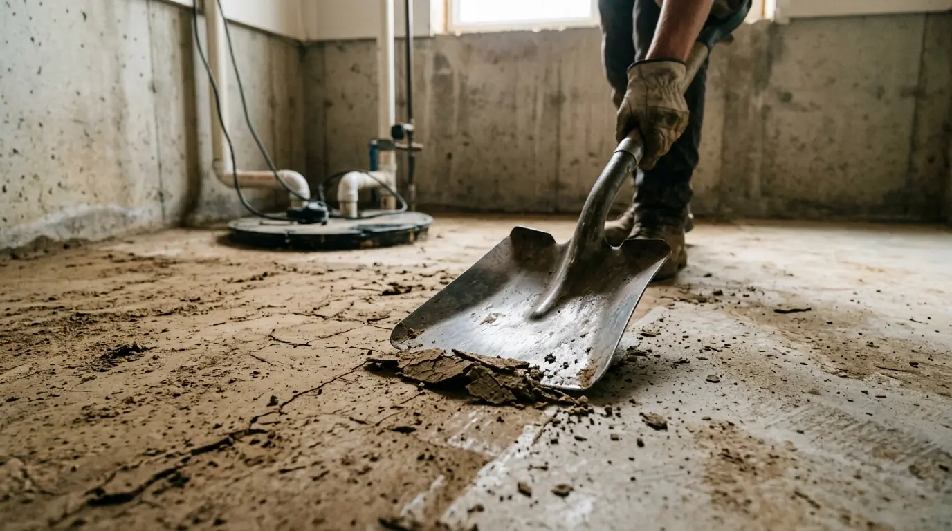 Scraping dried silt off a basement floor