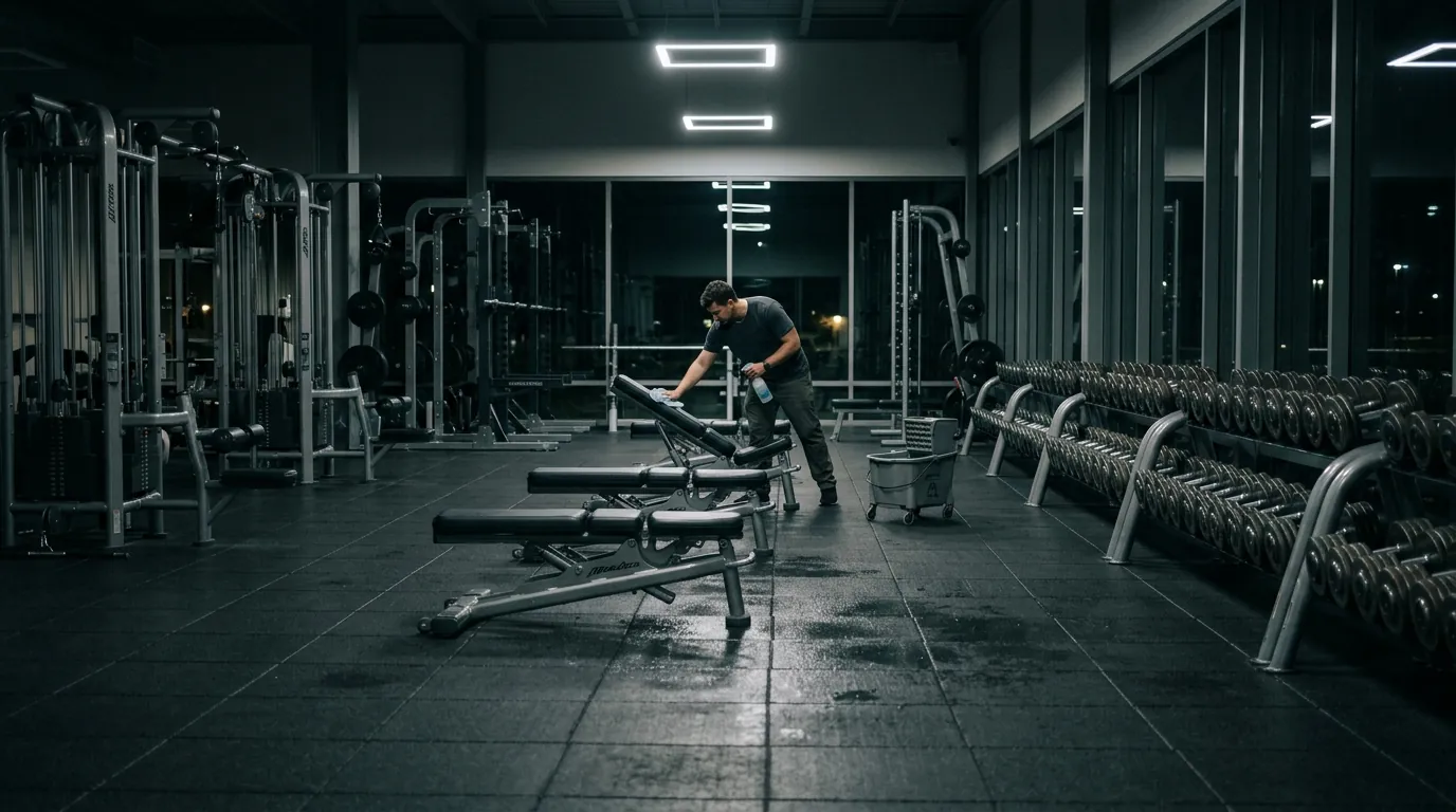 Disinfecting gym benches at night