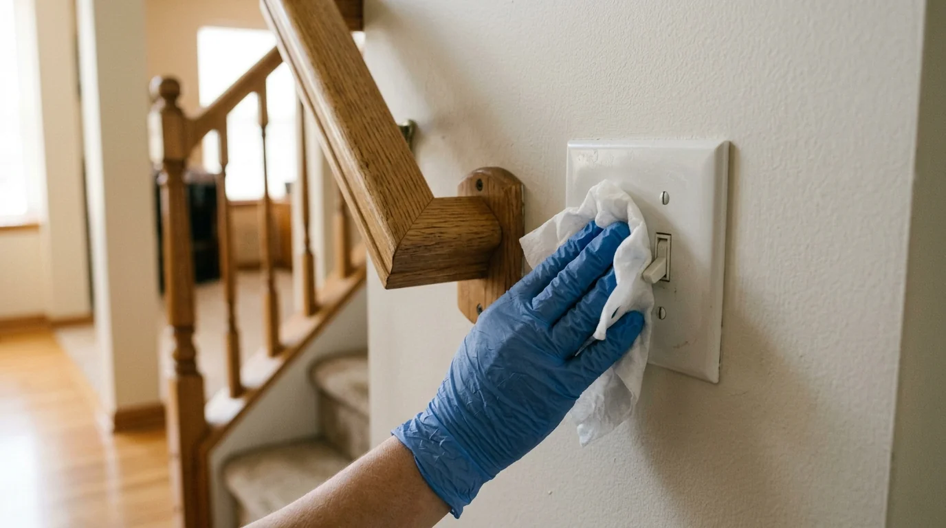 Disinfecting a stair railing and light switch
