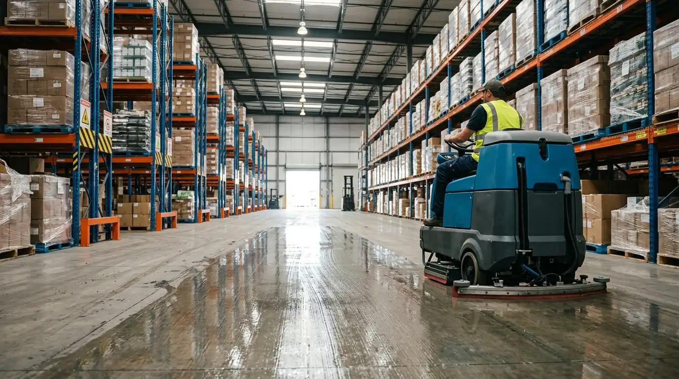 Ride-on scrubber cleaning a warehouse aisle