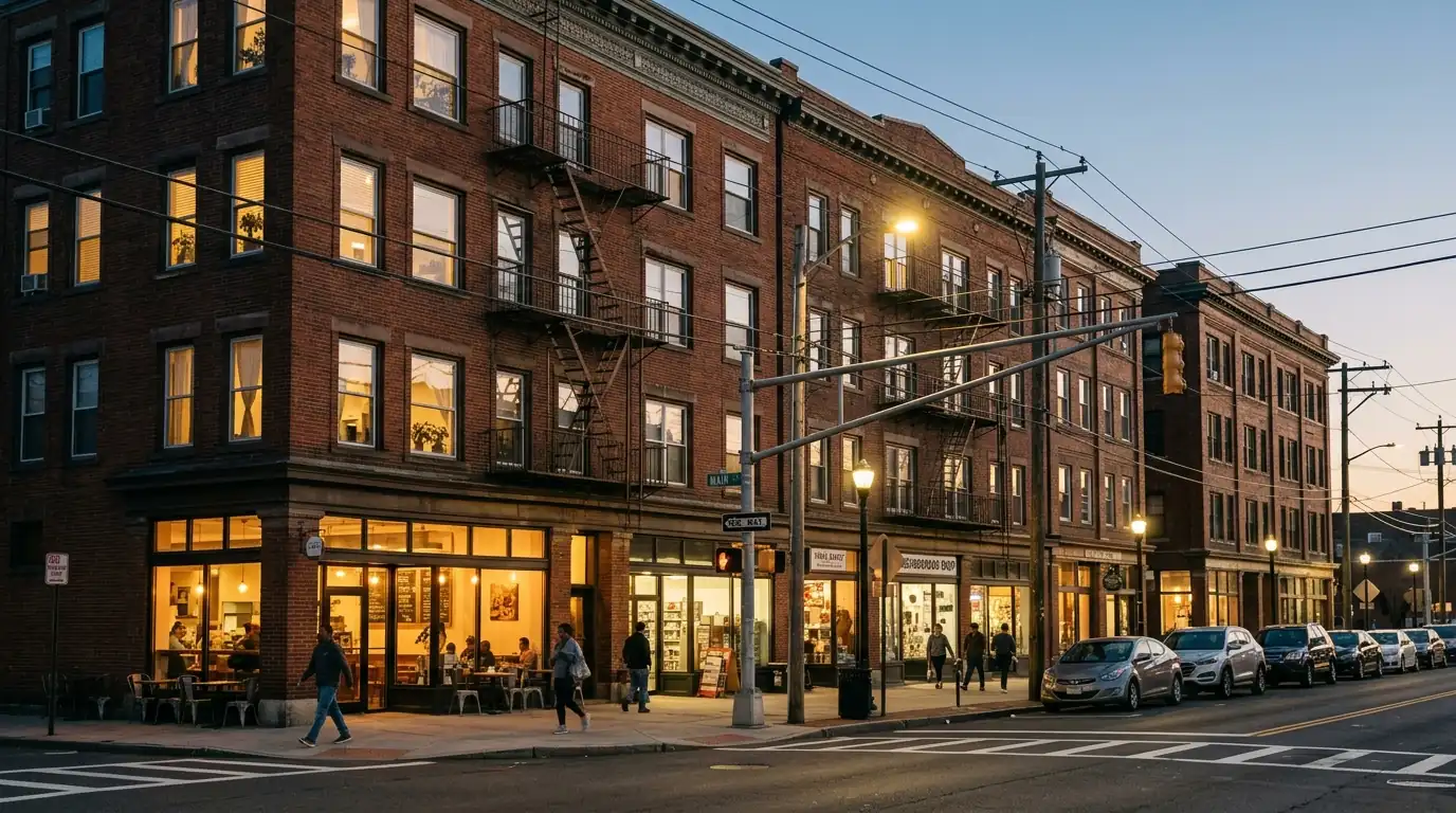 Apartment buildings above storefronts downtown