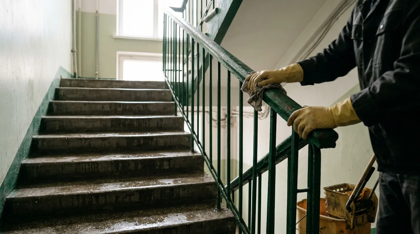 Mopping an apartment building stairwell