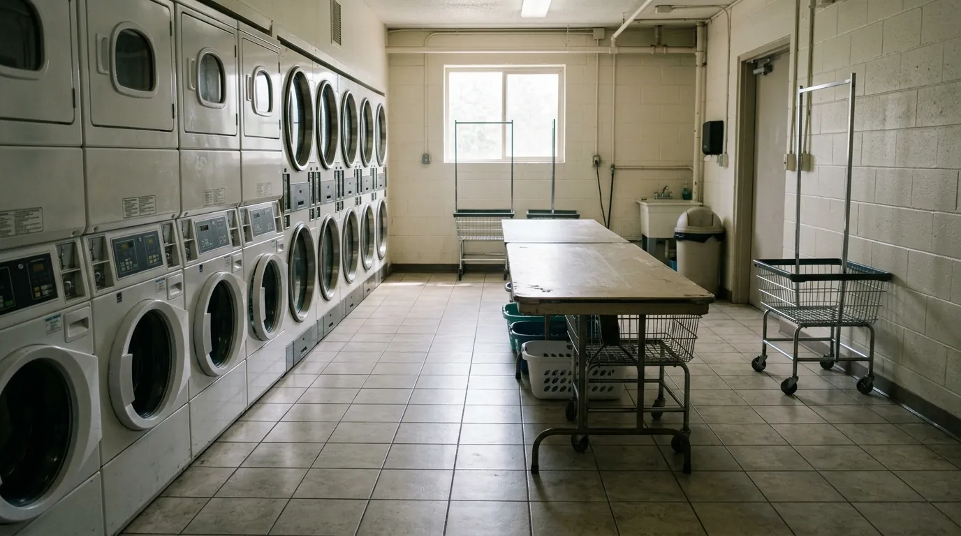 Apartment building laundry room after cleaning