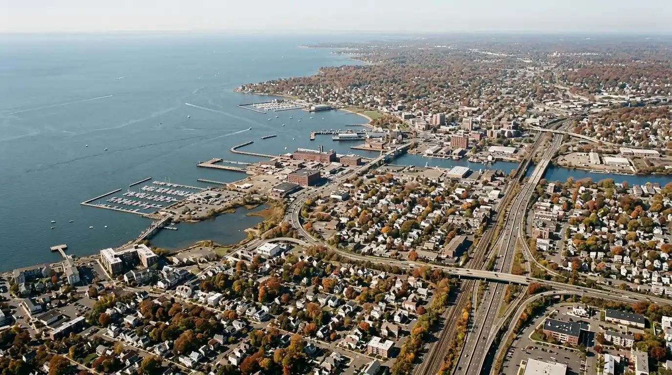 The Connecticut shoreline around Bridgeport from the air