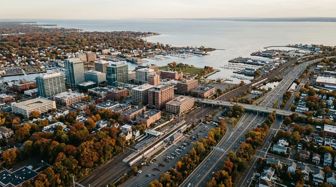 Fairfield County shoreline city with office buildings