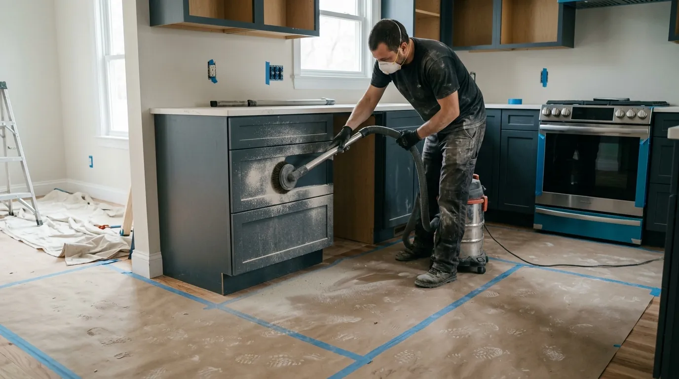 HEPA vacuuming construction dust in a renovated kitchen