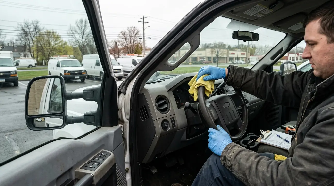 Wiping the steering wheel and gear selector inside a work truck