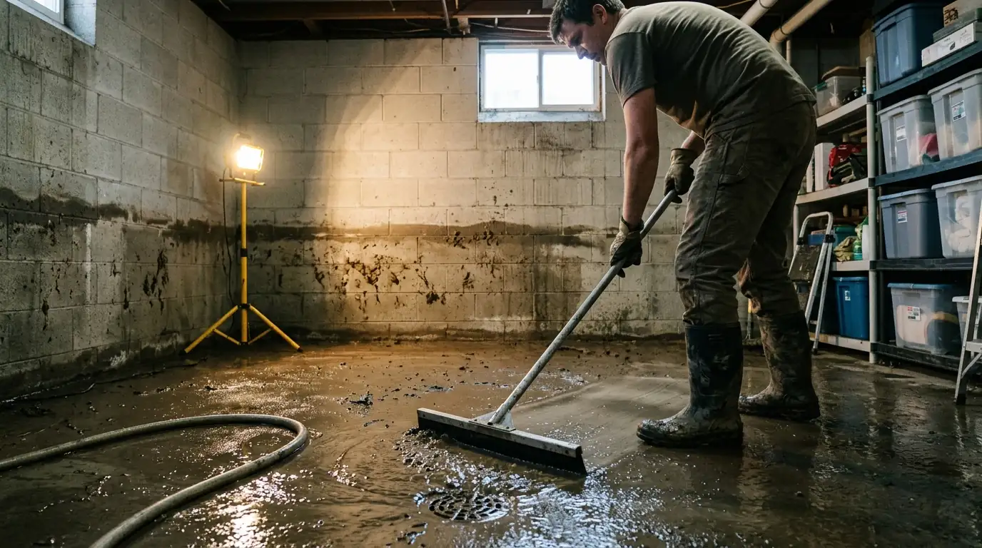 Washing silt out of a basement after a flood