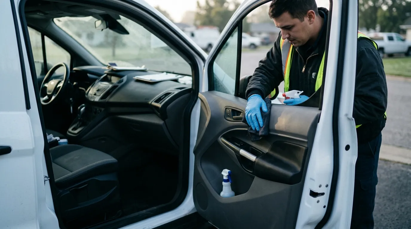 Disinfecting the door handle and window switches of a work van