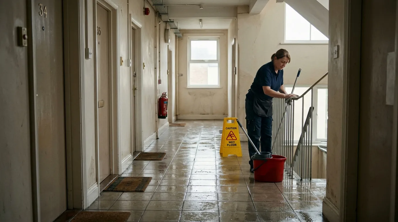 Cleaning an apartment building hallway and handrail