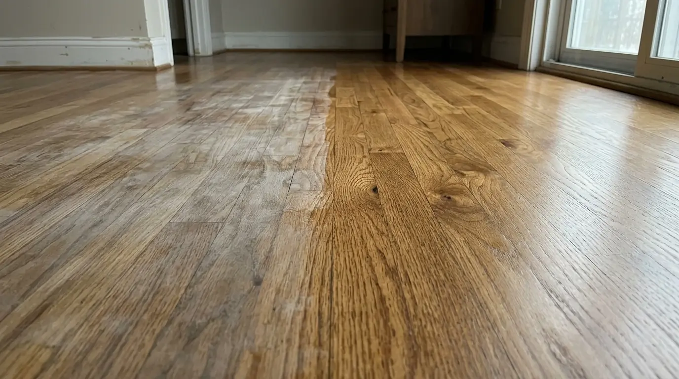Hardwood floor before and after residue removal
