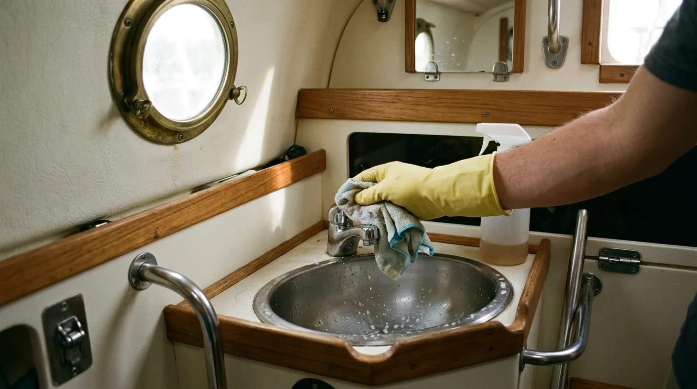Cleaning the head in a sailboat cabin