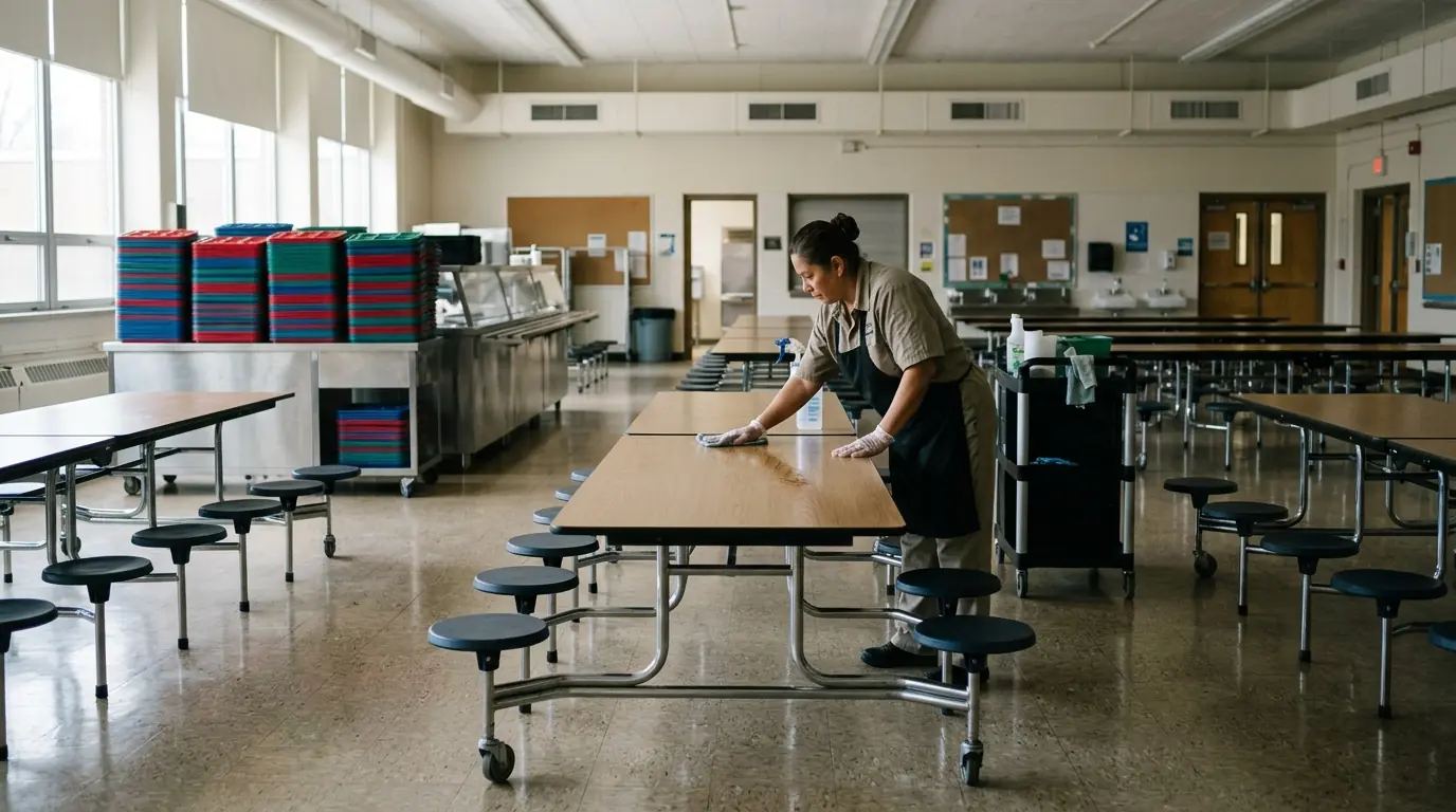 Sanitizing school cafeteria tables after lunch