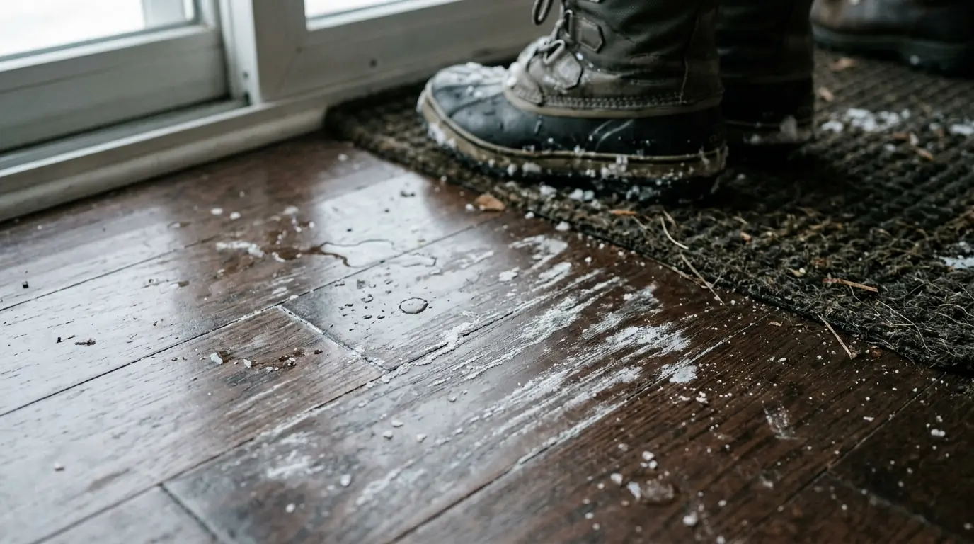 Road salt streaks on a hardwood entry floor