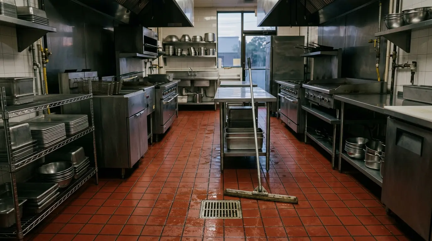 Restaurant kitchen floor degreased after close