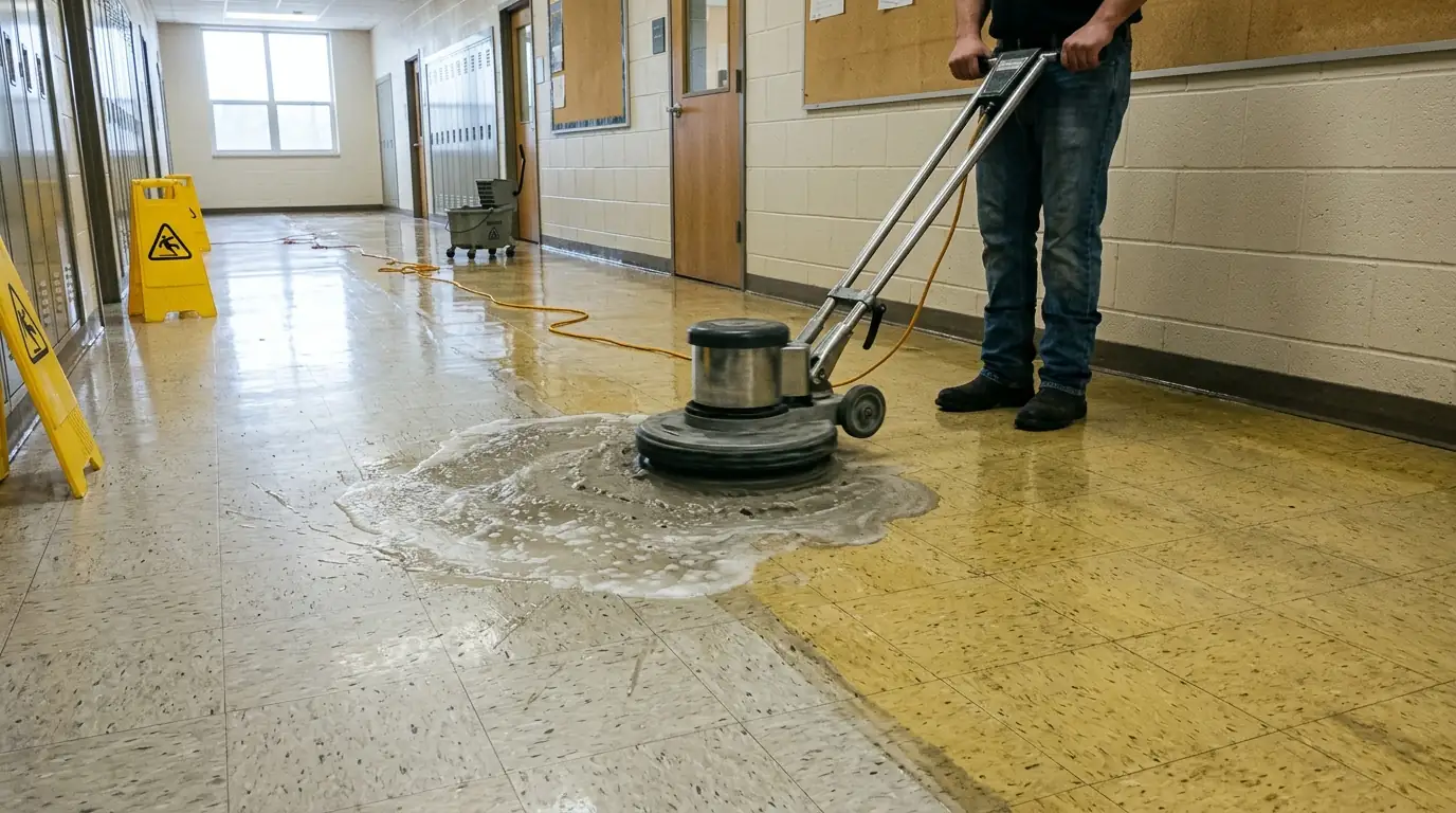 Stripping old finish off a vinyl tile corridor
